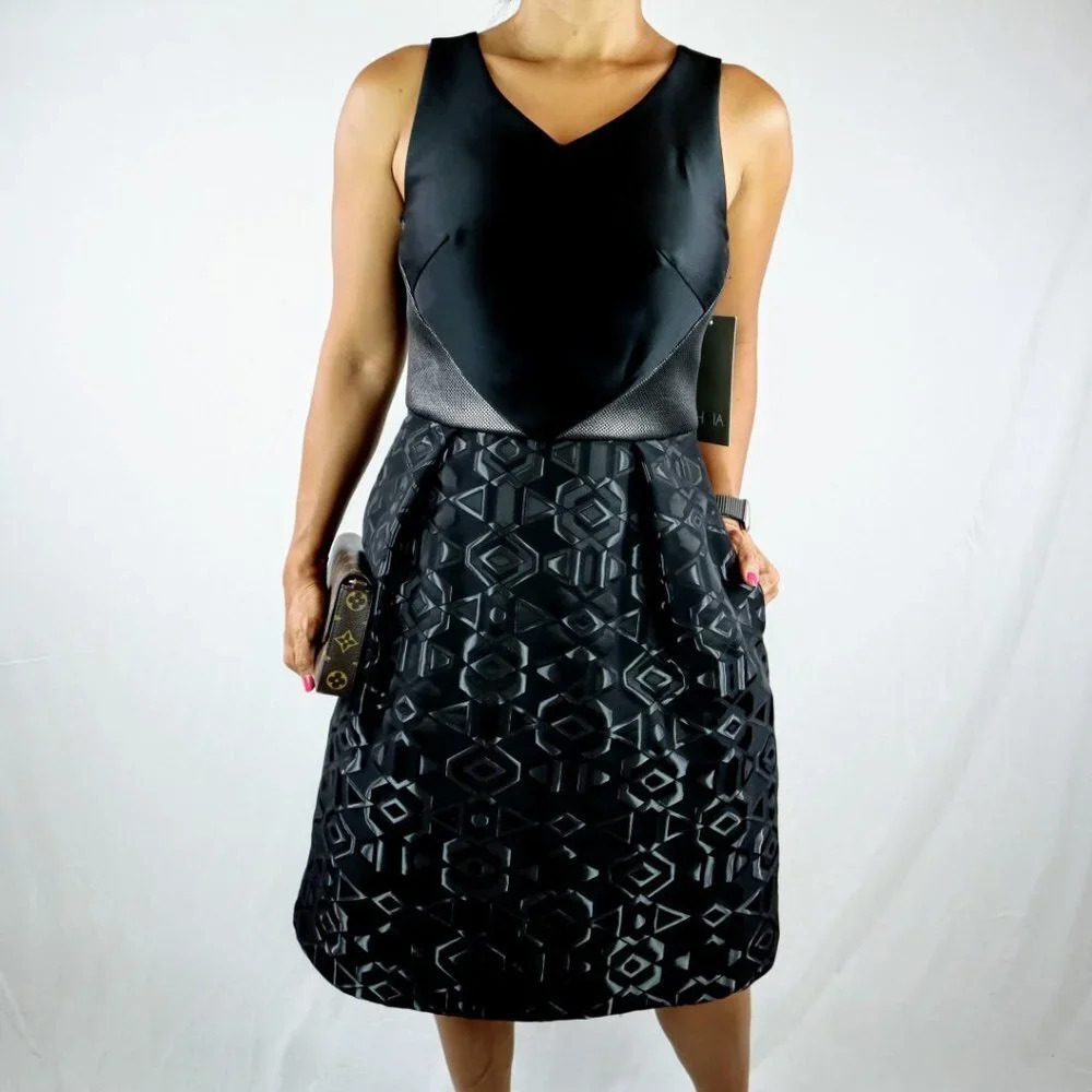NWT Theia Black Printed A-Line Cocktail Dress $650 - Picture 2 of 10